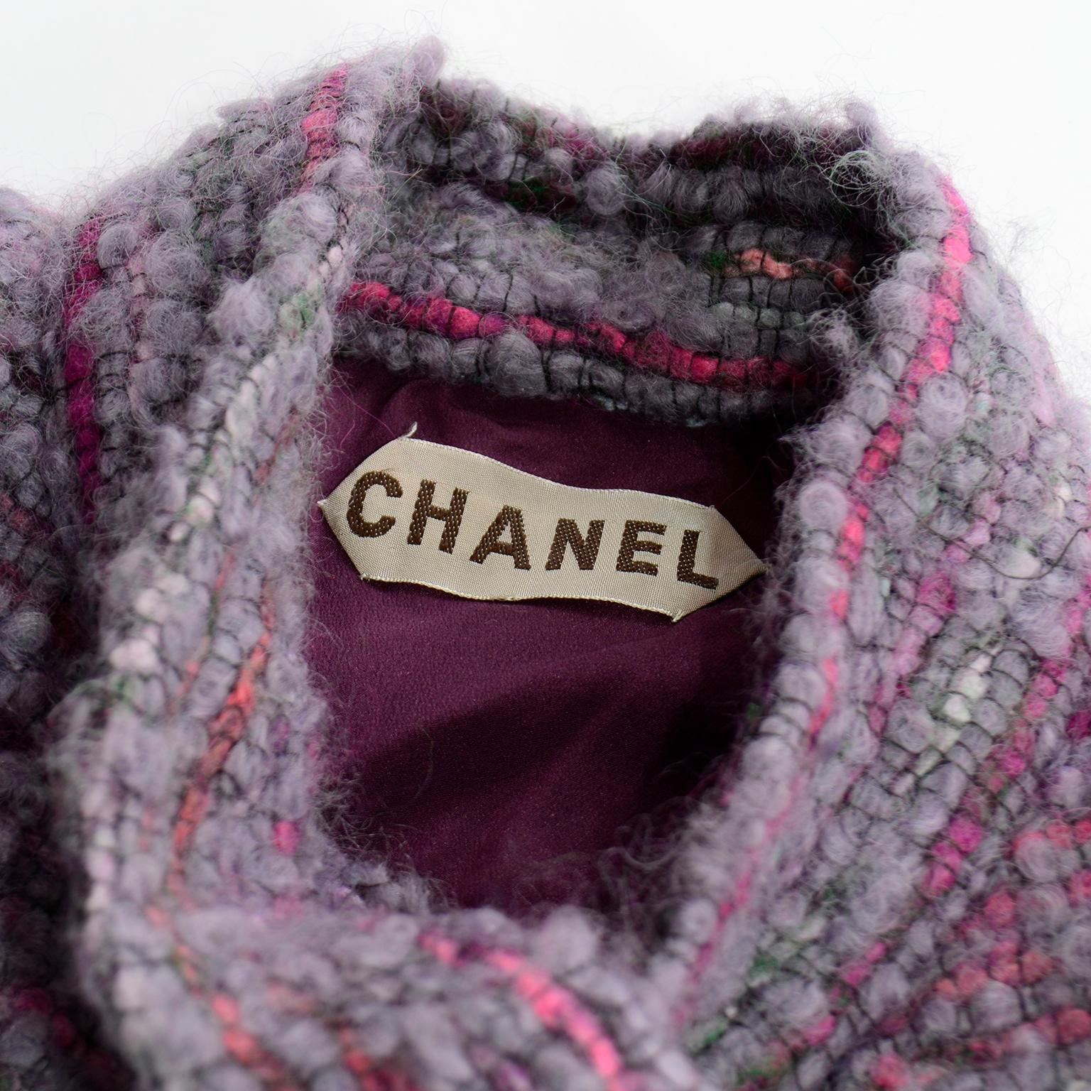 Vintage Chanel Haute Couture Purple Wool Boucle Cape w Scarf 8