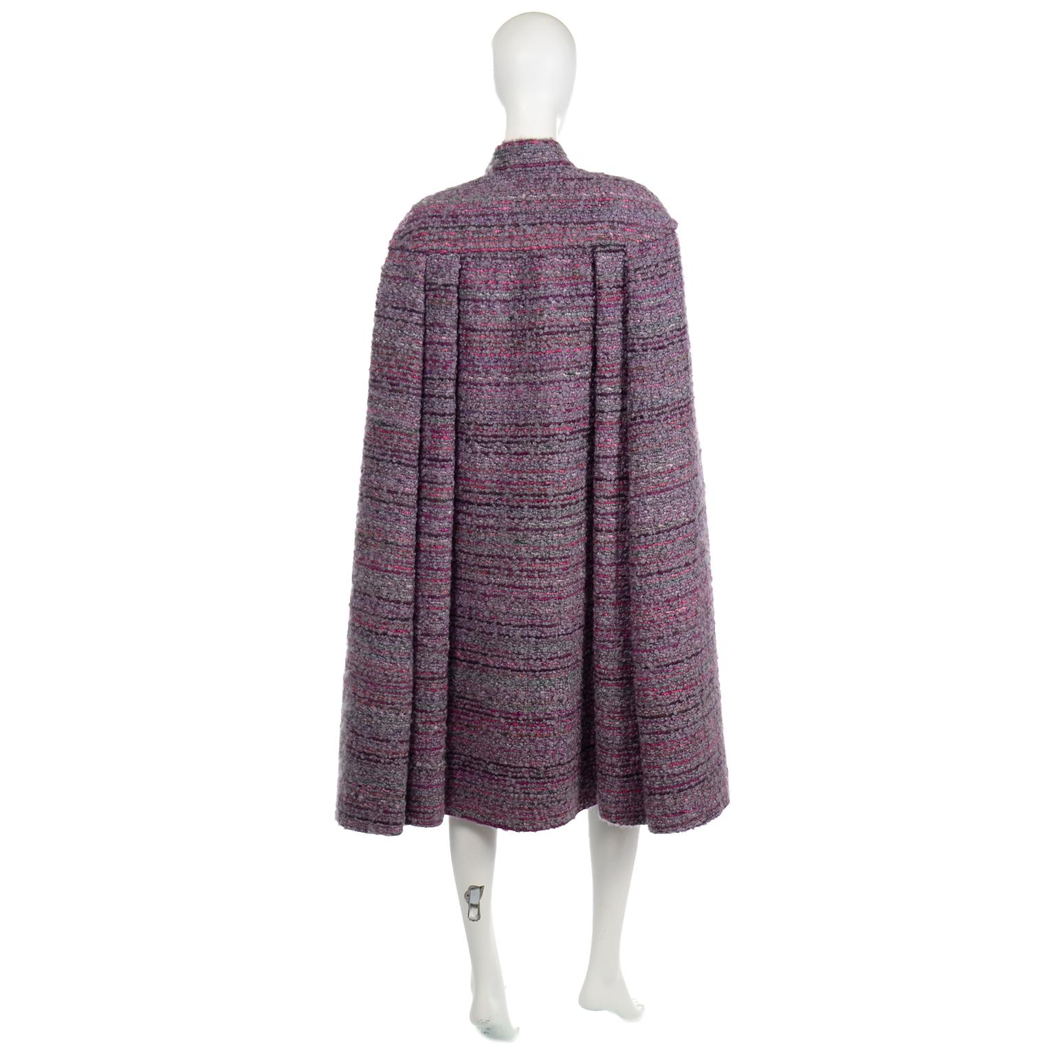 Gray Vintage Chanel Haute Couture Purple Wool Boucle Cape w Scarf