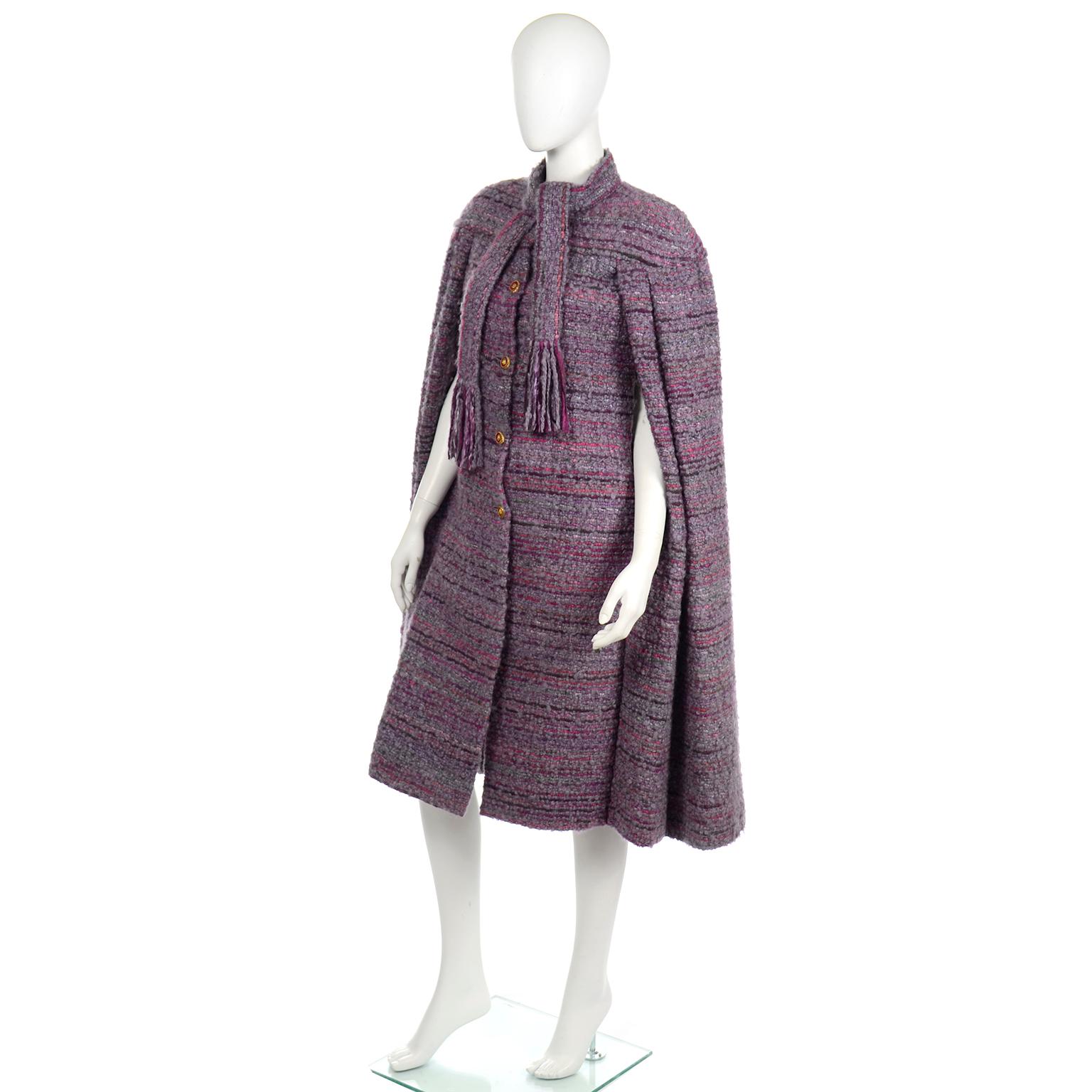 Vintage Chanel Haute Couture Purple Wool Boucle Cape w Scarf In Excellent Condition In Portland, OR