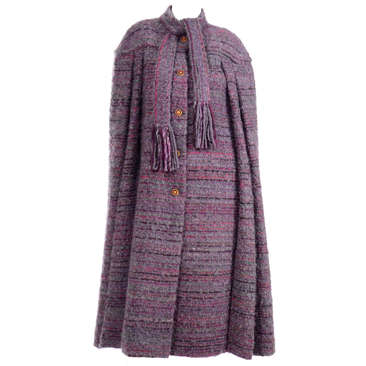 Women's Vintage Chanel Haute Couture Purple Wool Boucle Cape w Scarf