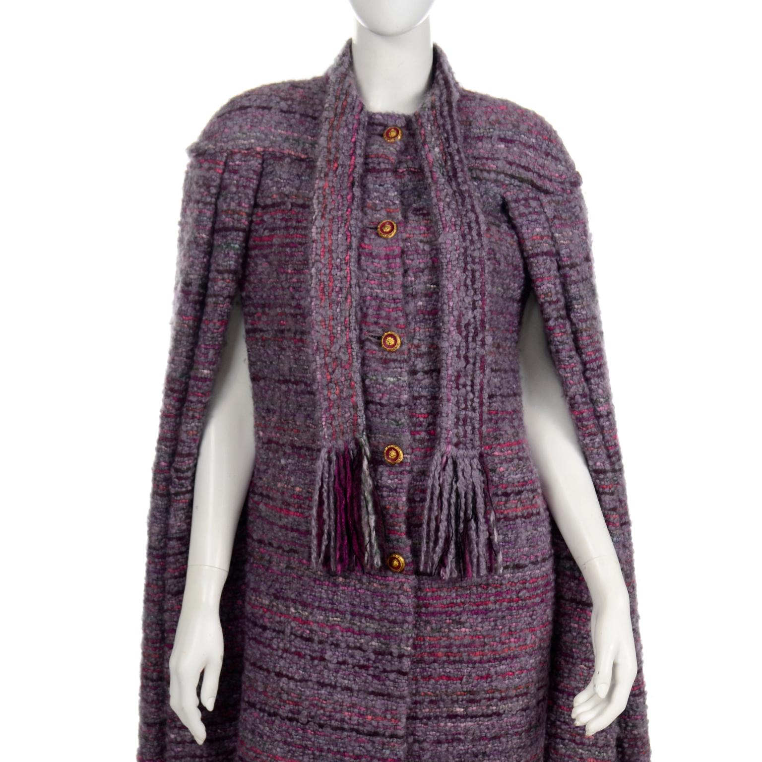 Vintage Chanel Haute Couture Purple Wool Boucle Cape w Scarf 1