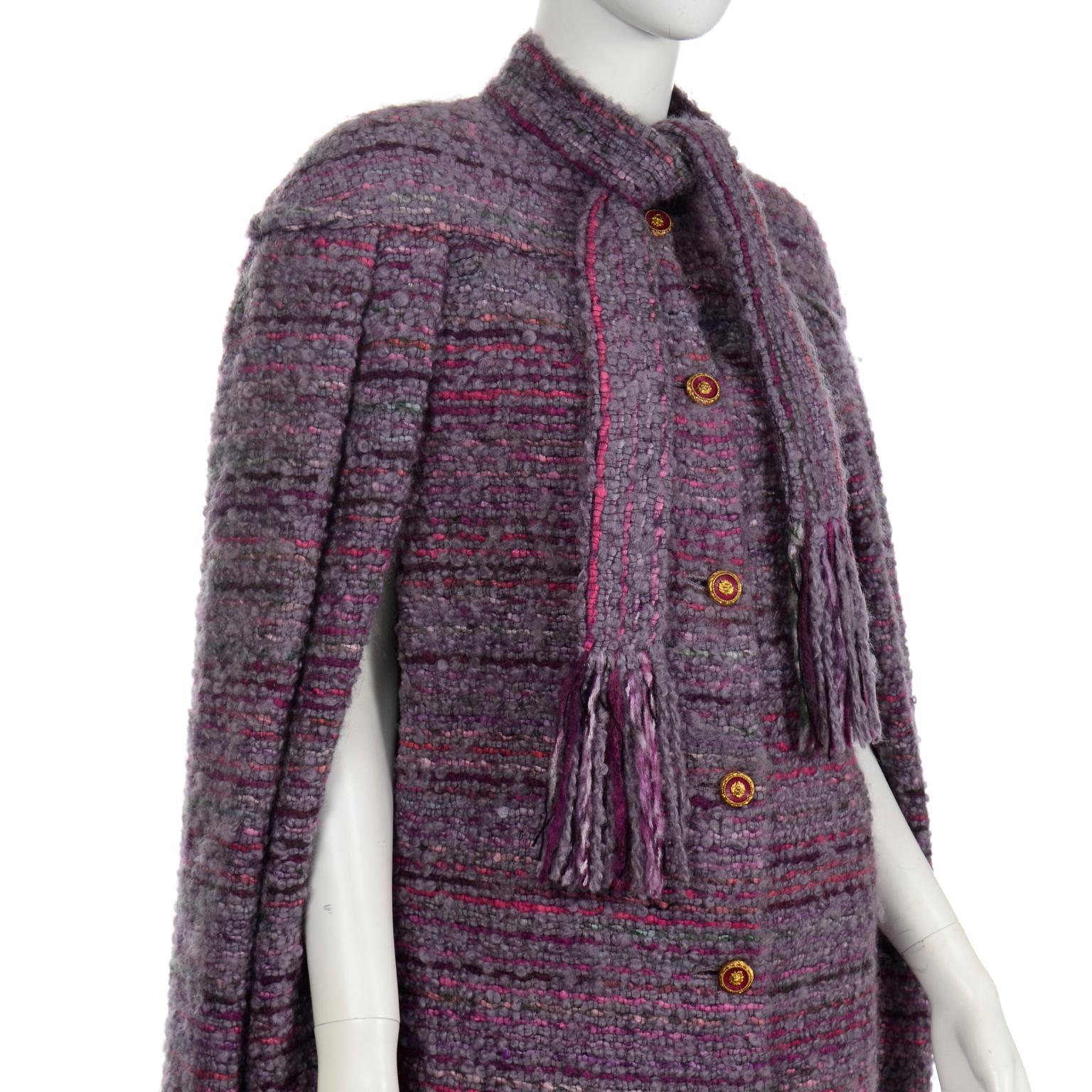 Vintage Chanel Haute Couture Purple Wool Boucle Cape w Scarf 2