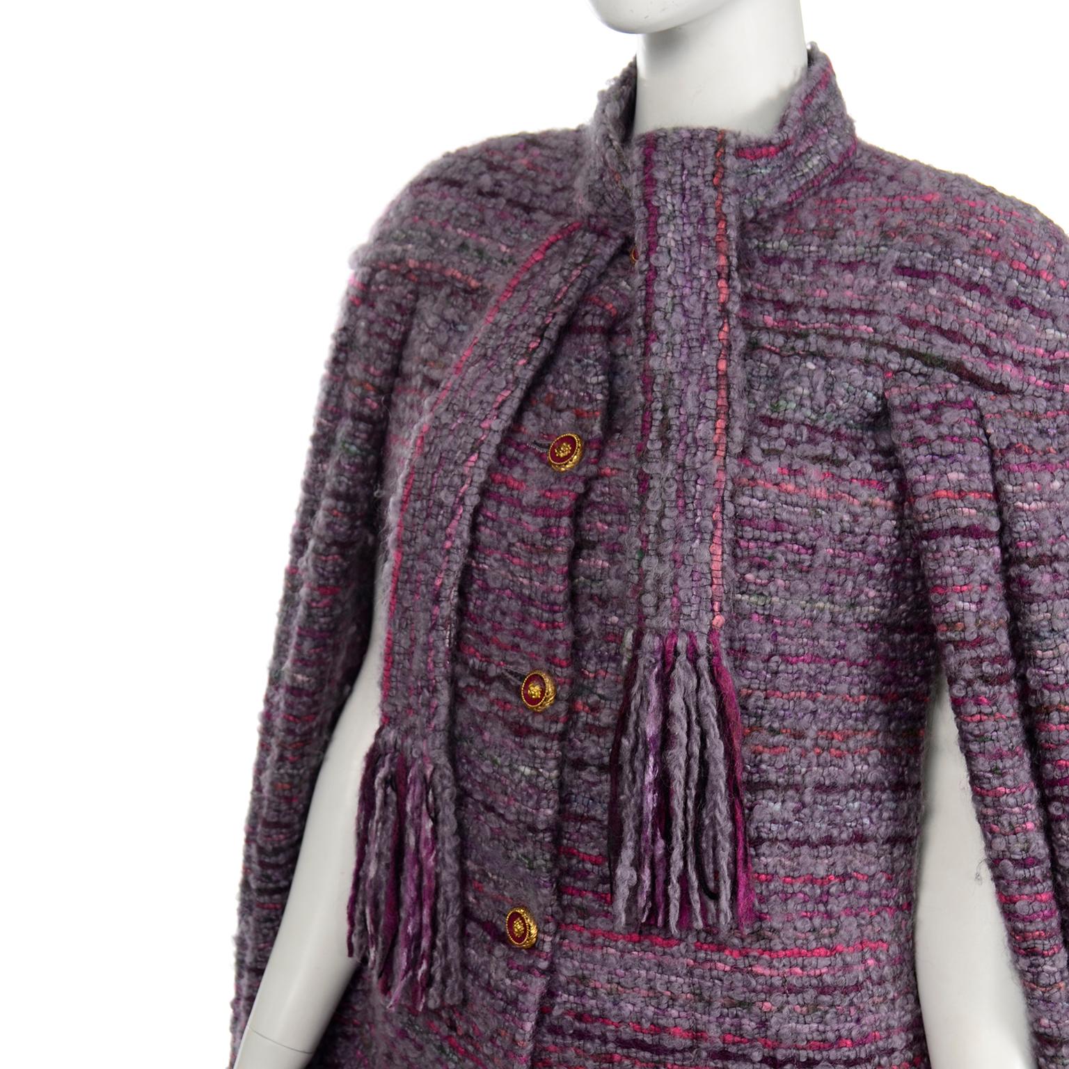 Vintage Chanel Haute Couture Purple Wool Boucle Cape w Scarf 3