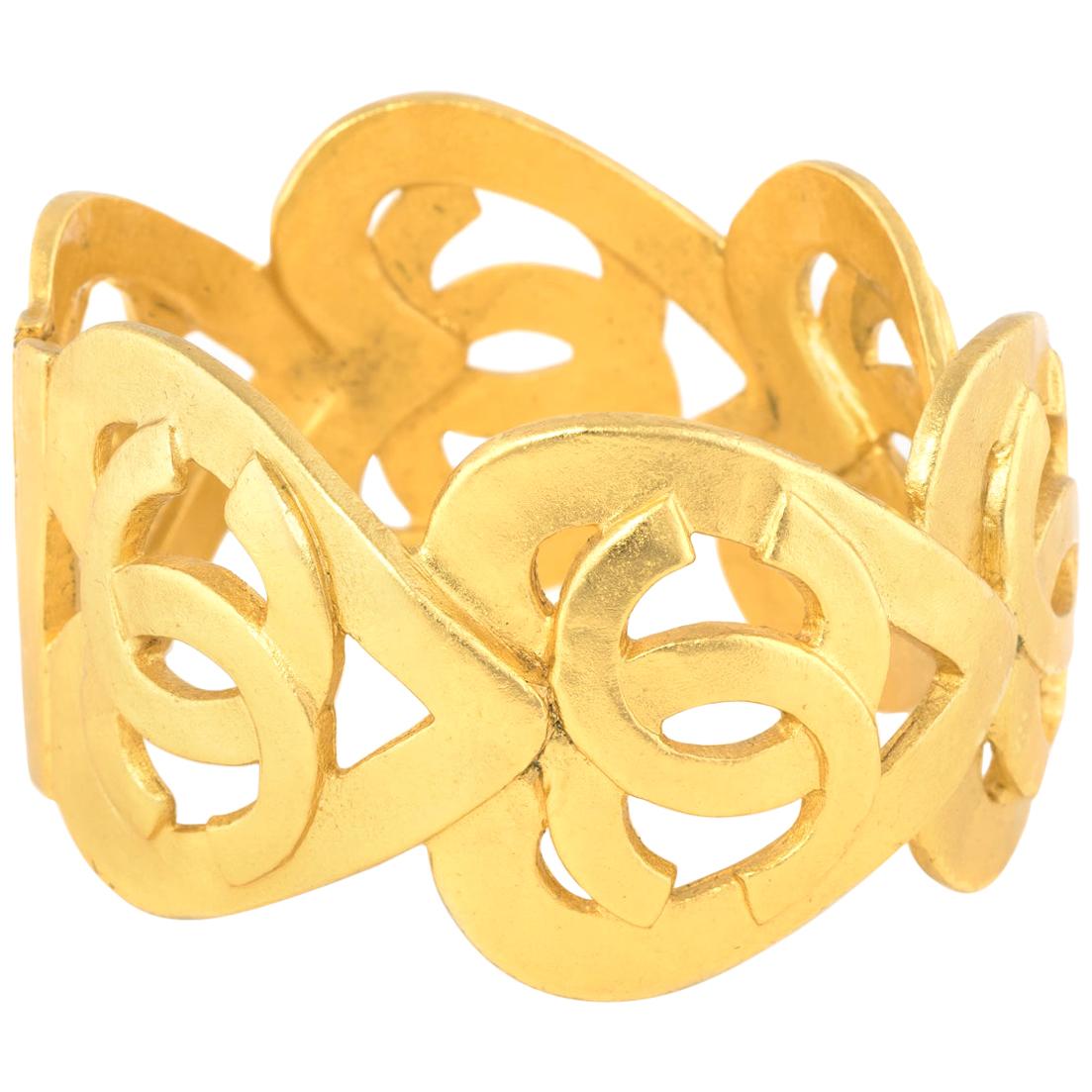 Vintage Chanel Hearts Bracelet Spring c1995 Open Cuff Yellow Gold Tone 90s