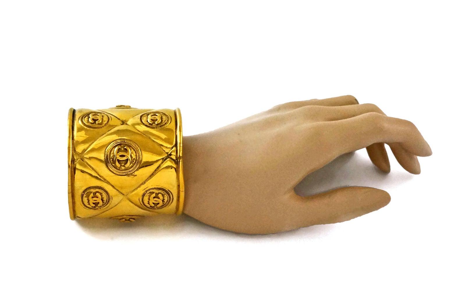 Vintage CHANEL Iconic Quilted Logo Coin Cuff Bracelet 1