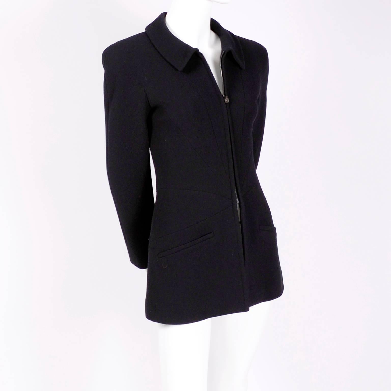 Chanel Vintage Black Wool Vintage Blazer Jacket with Zip Front, Autumn 1997  2