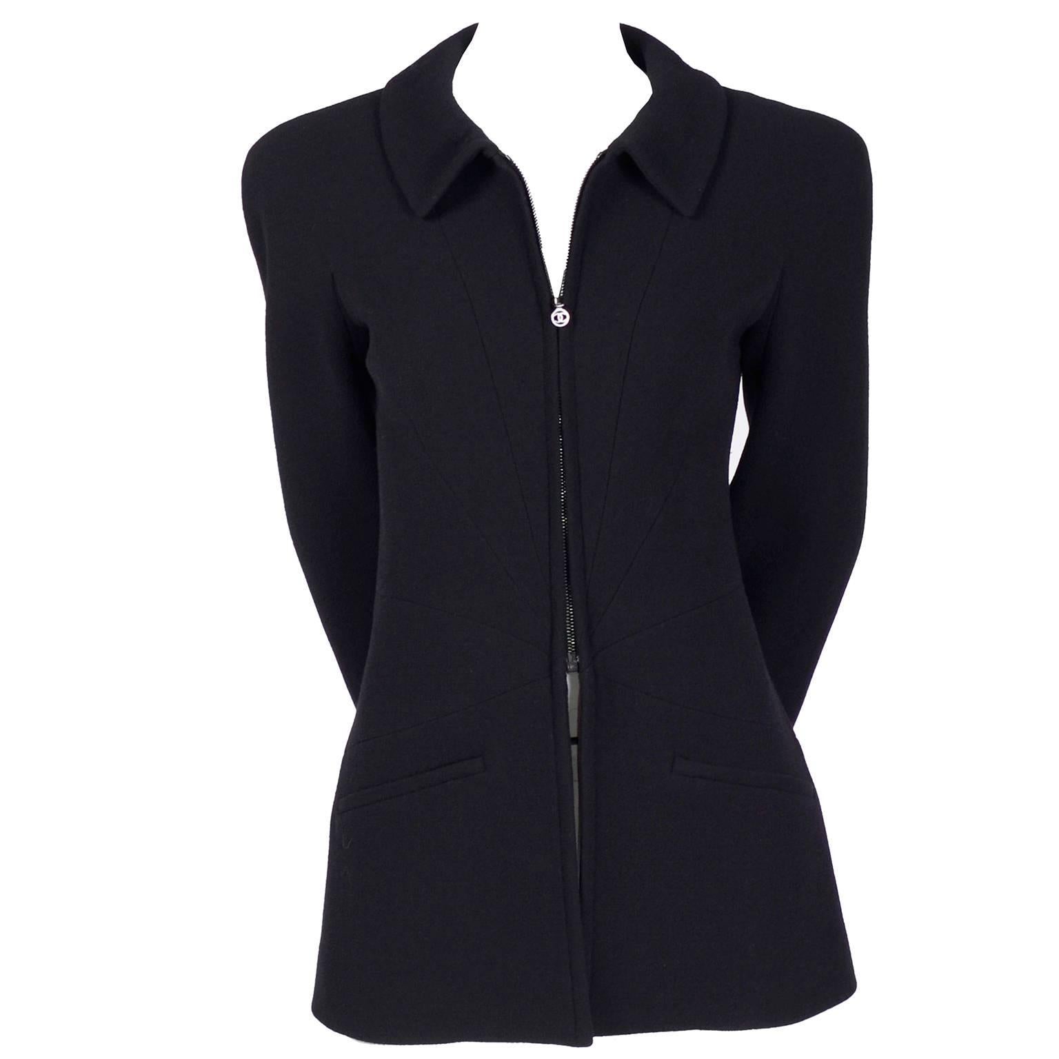 Chanel Vintage Black Wool Vintage Blazer Jacket with Zip Front, Autumn 1997  5