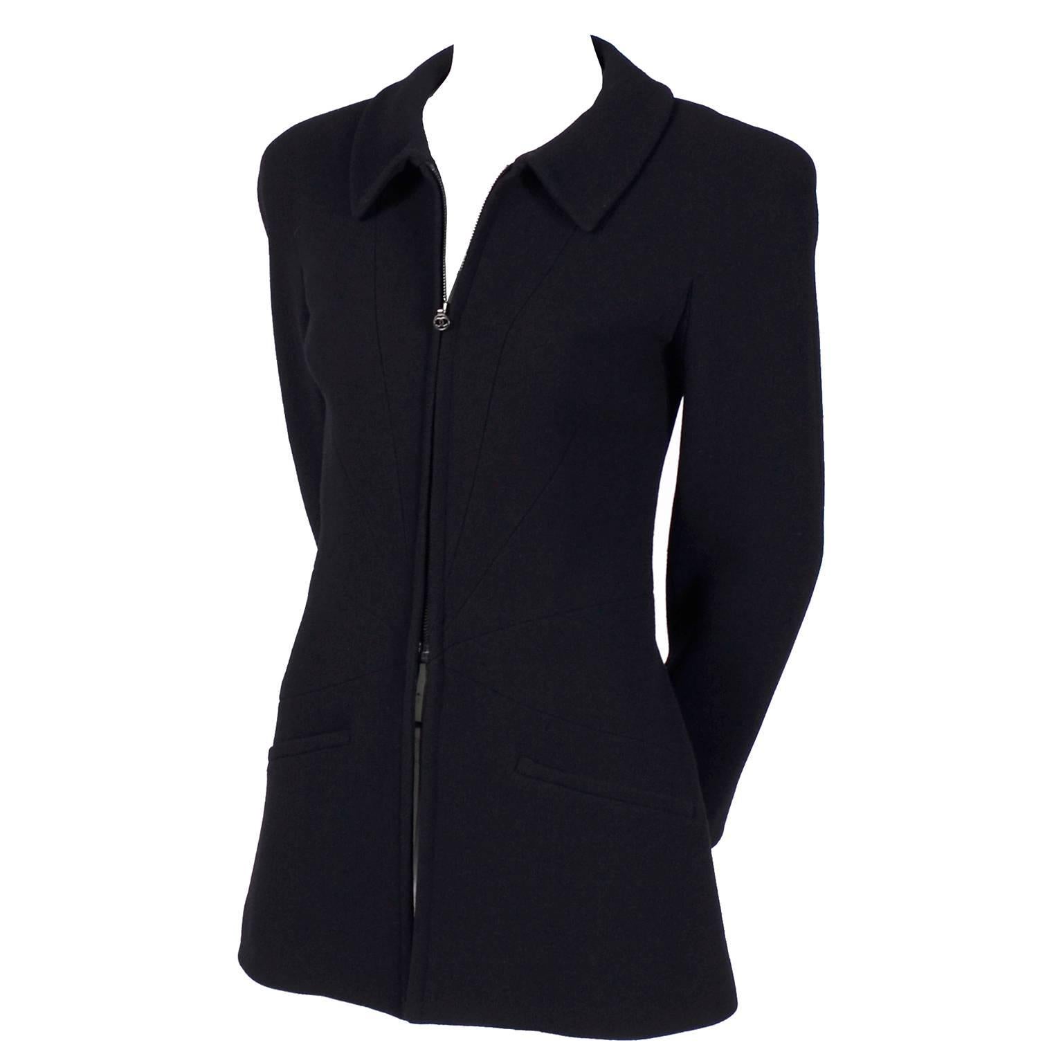 Chanel Vintage Black Wool Vintage Blazer Jacket with Zip Front, Autumn 1997 