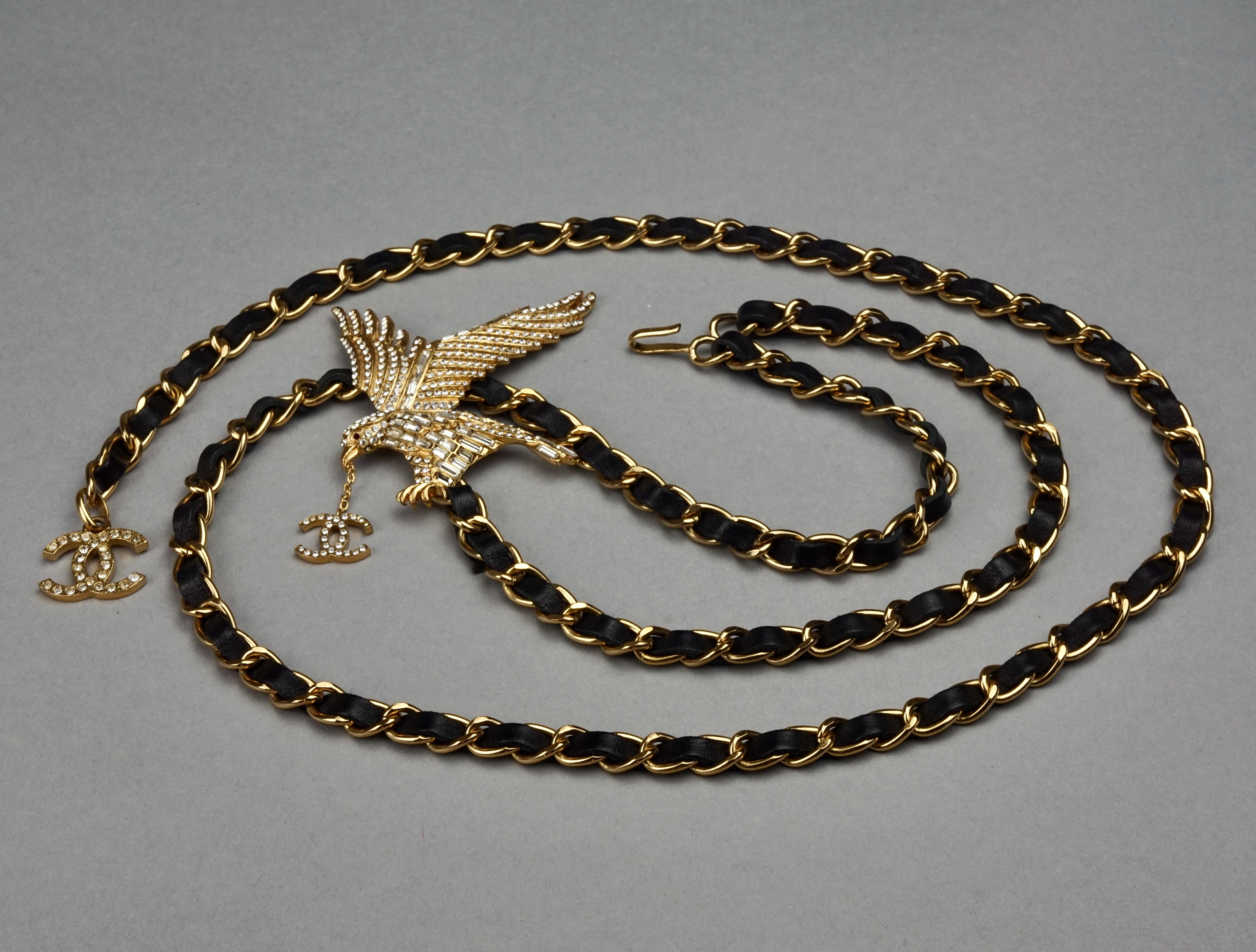 Vintage CHANEL Jeweled Eagle Chain Leather Necklace Belt 4