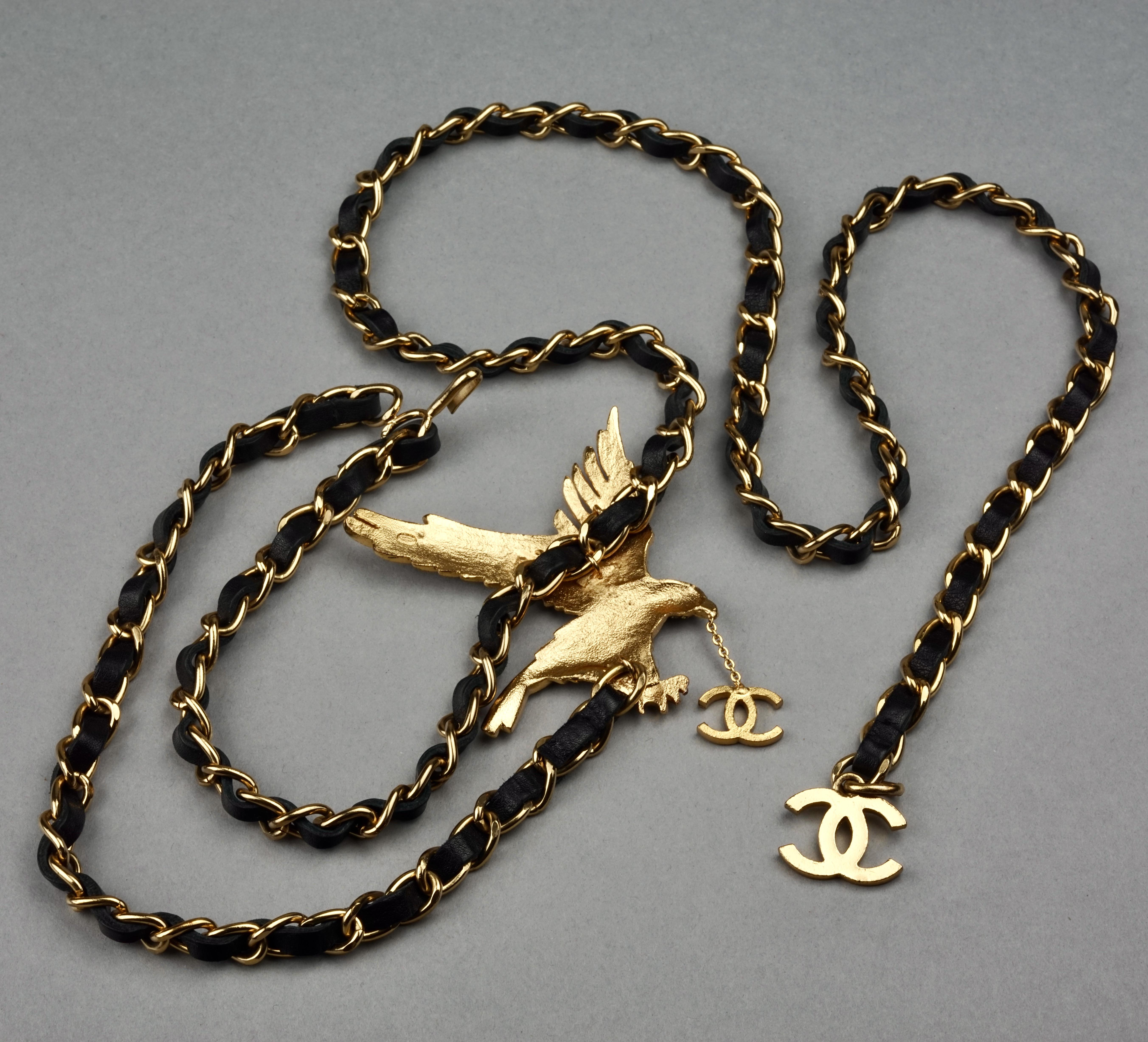 Vintage CHANEL Jeweled Eagle Chain Leather Necklace Belt 8