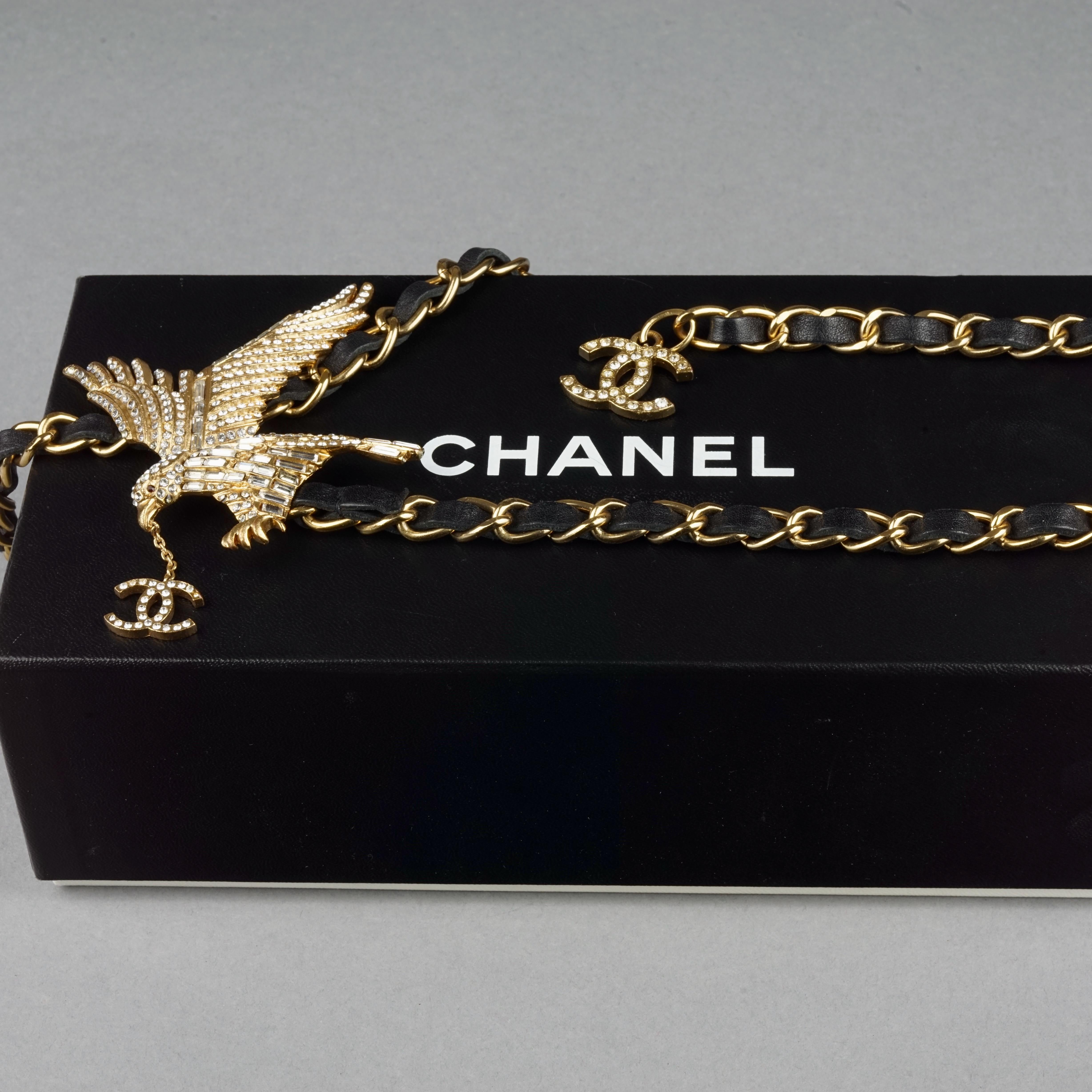 Black Vintage CHANEL Jeweled Eagle Chain Leather Necklace Belt