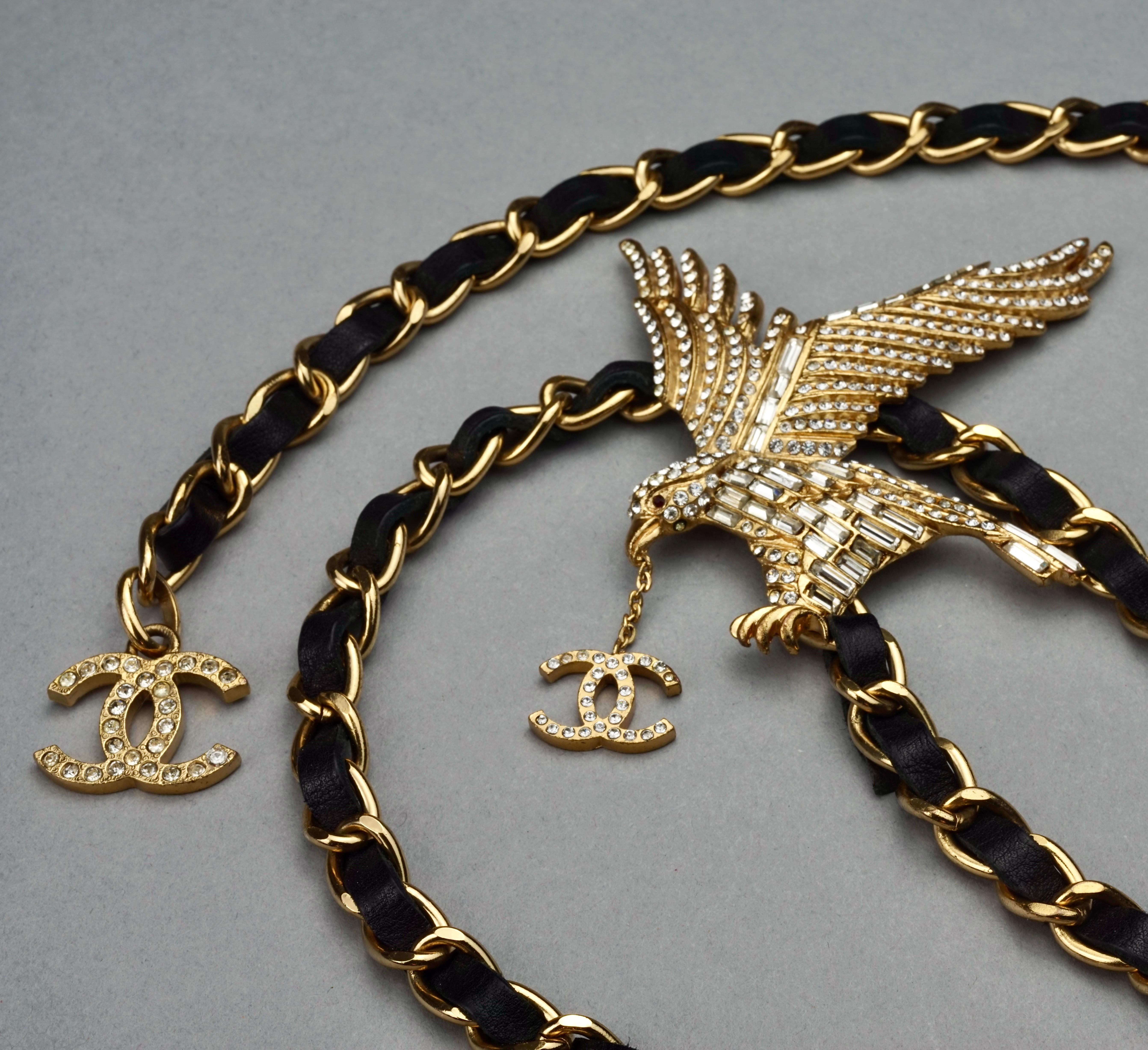 Vintage CHANEL Jeweled Eagle Chain Leather Necklace Belt 1