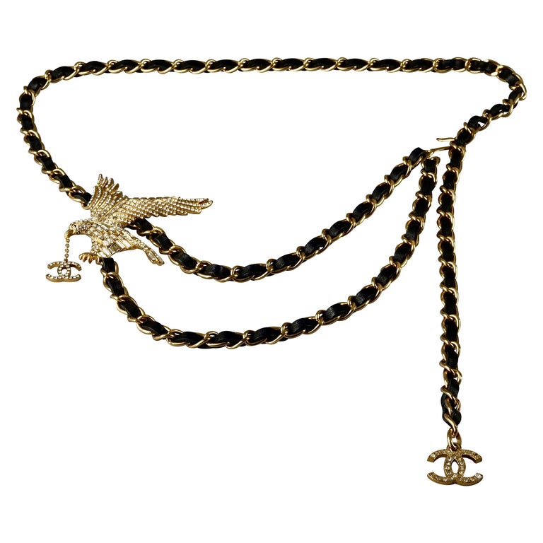 Vintage CHANEL Jeweled Eagle Chain Leather Necklace Belt