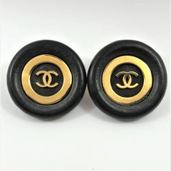 Vintage Chanel Jumbo Black Leather and Gold Tone Earrings 1  13/16 inch