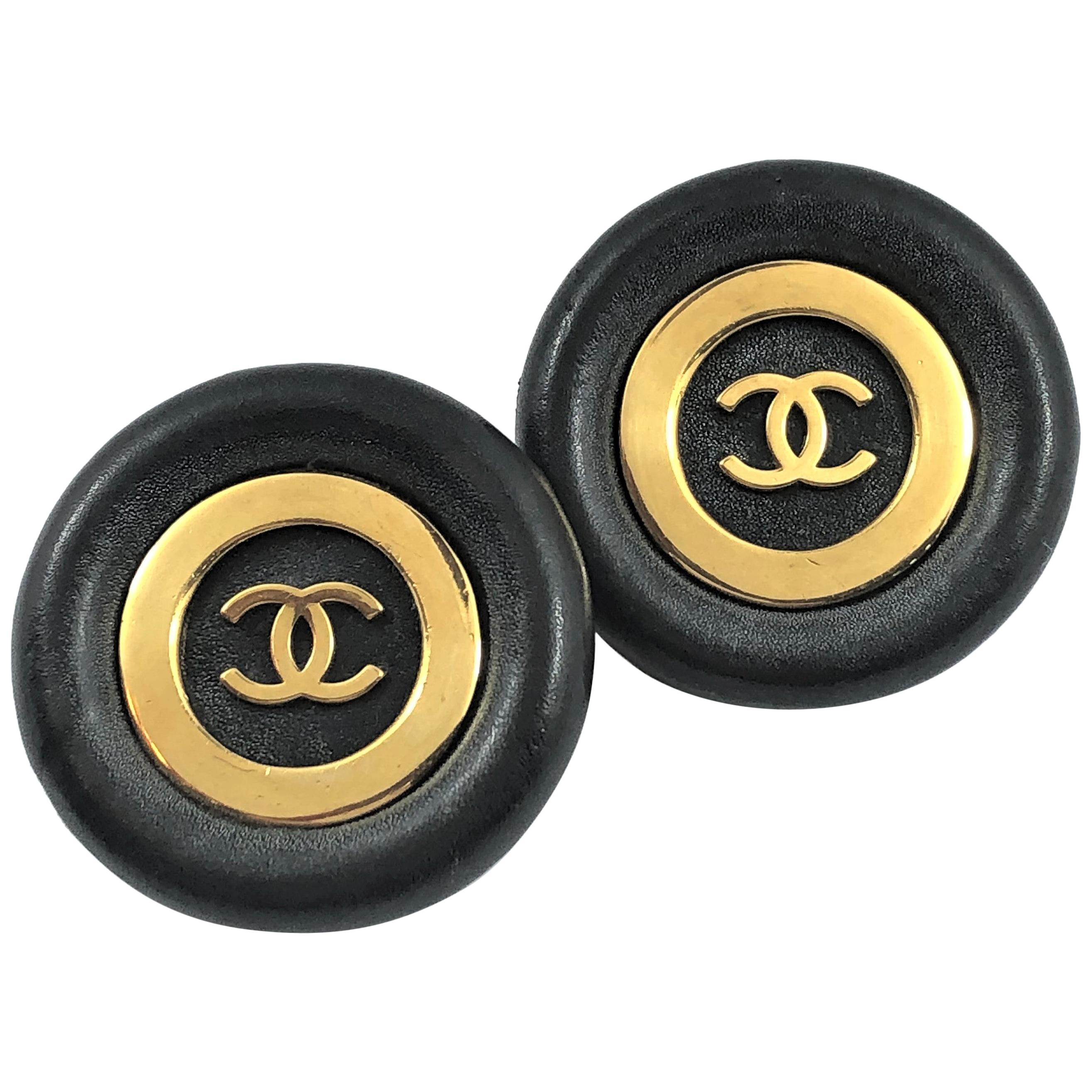 Vintage Chanel Jumbo Black Leather and Gold Tone Earrings 1  13/16 inch For Sale