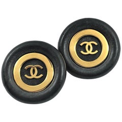 Vintage Chanel Jumbo Black Leather and Gold Tone Earrings 1  13/16 inch