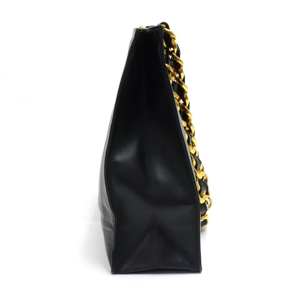 Women's Chanel Vintage Jumbo XL Black Leather Shoulder Shopping Tote Bag 