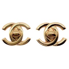 Vintage Chanel LAGERFELD Statement Turnlock CC Logo Earrings 1997