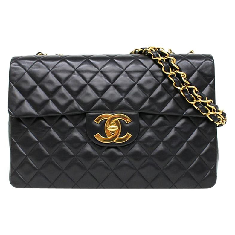 Vintage Chanel Lambskin Jumbo Classic Flap Bag XL Black For Sale