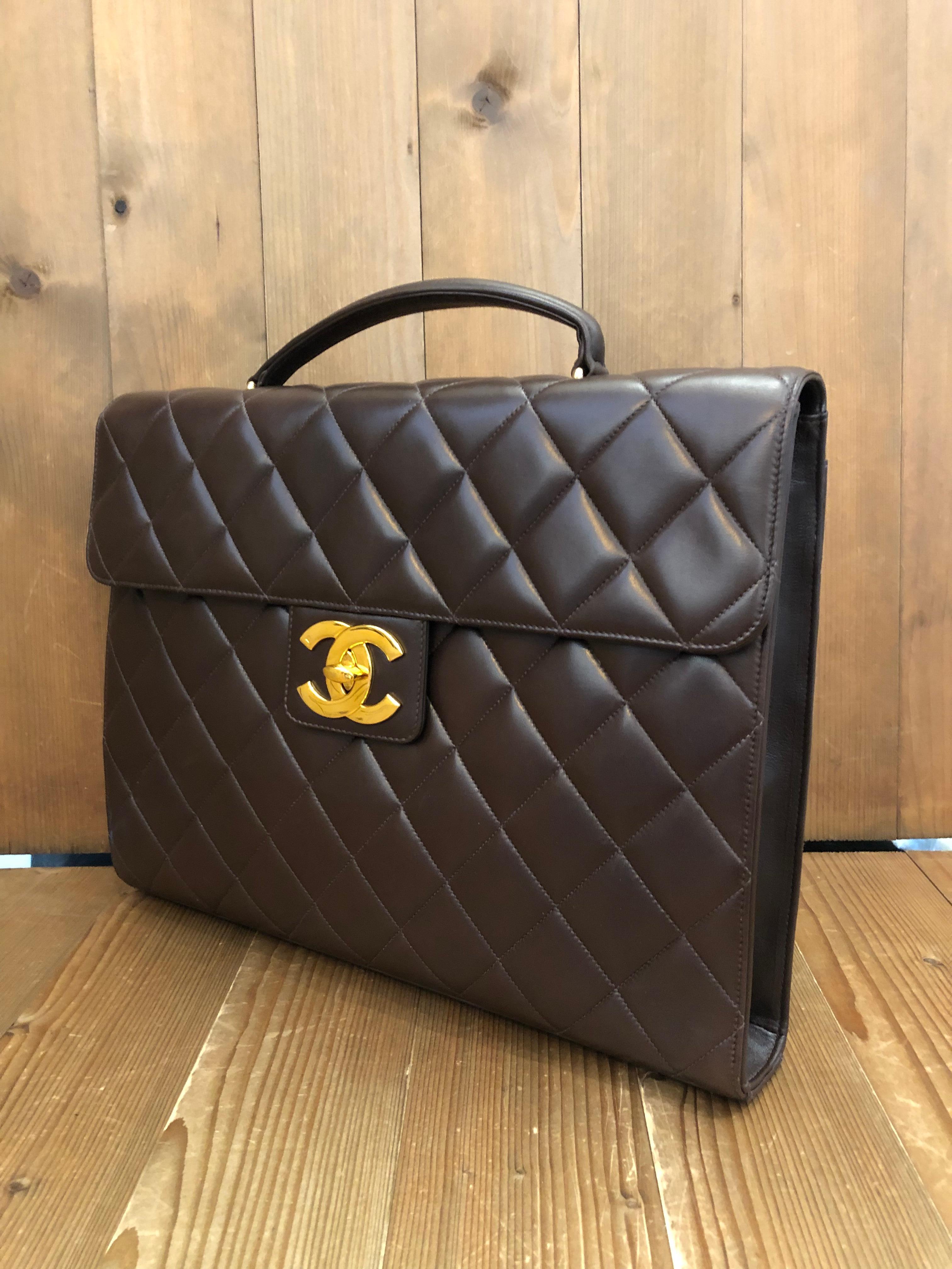 Black Vintage CHANEL Lambskin Leather Jumbo Logo Briefcase Attaché Document Bag Brown