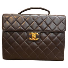 Vintage CHANEL Lambskin Leather Jumbo Logo Briefcase Attaché Document Bag Brown