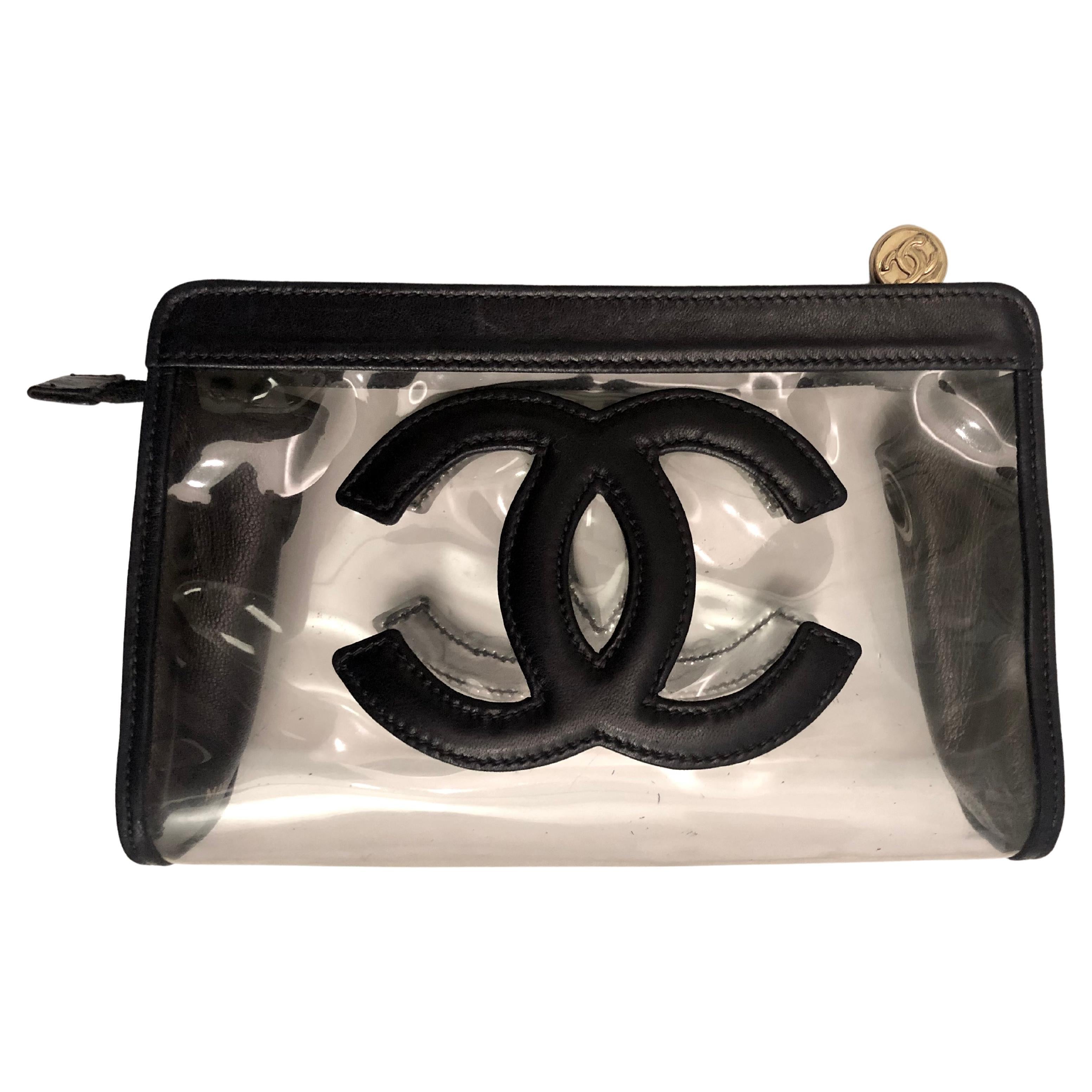 Vintage CHANEL Navy Lambskin Leather Clear Vinyl Pouch Bag Clutch (Altered)