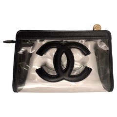 Vintage CHANEL Navy Lambskin Leather Clear Vinyl Pouch Bag Clutch (Altered)