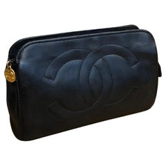 Vintage CHANEL Black Lambskin Leather Pouch Bag Clutch (Altered)