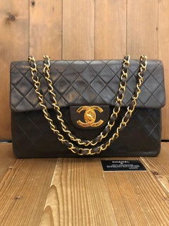 Vintage CHANEL Lambskin Maxi Big Logo Classic Flap Bag Chocolate Brown