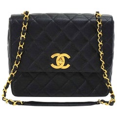 Vintage Chanel Large Black Quilted Caviar  Leather Flap Shoulder Bag
