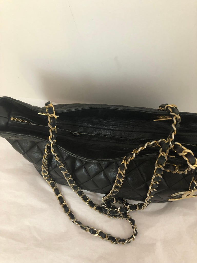 Vintage CHANEL Large Black Quilted Lambskin Tote w/COA at 1stDibs