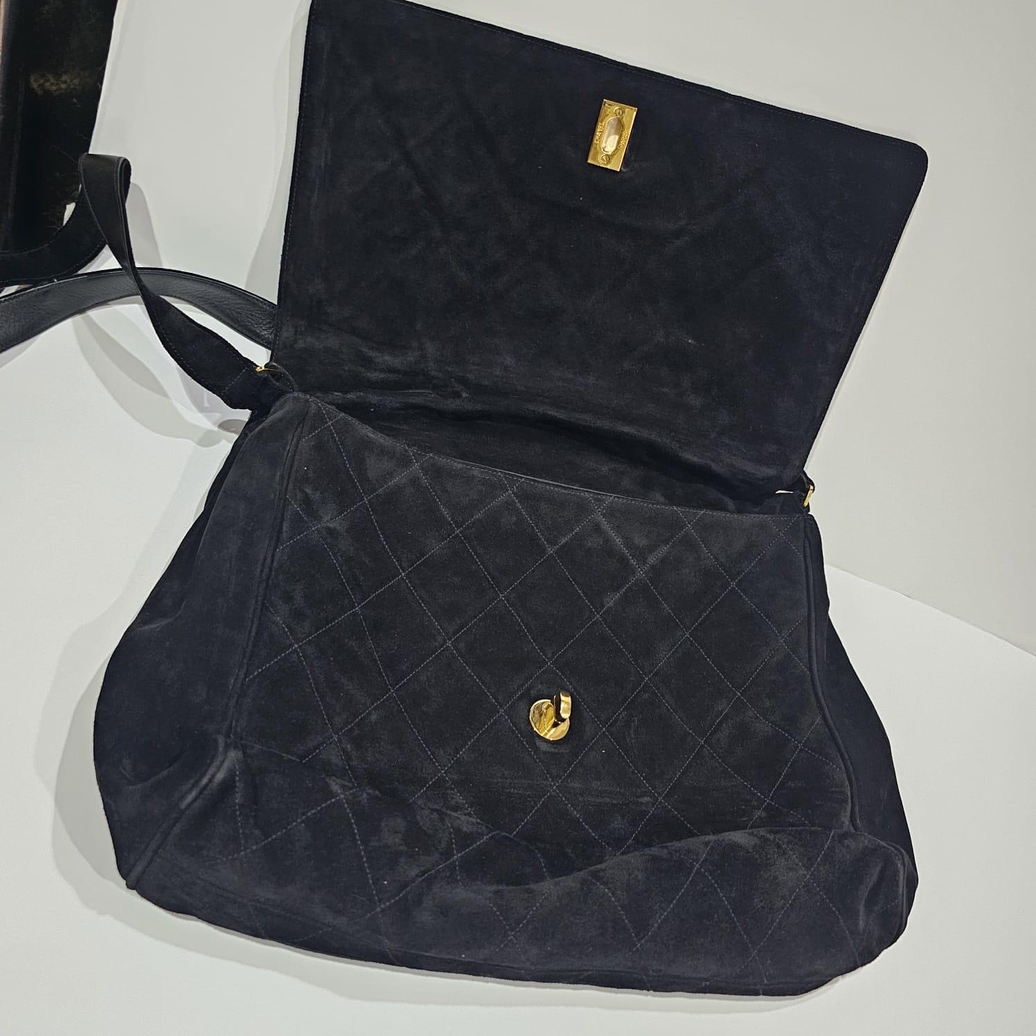 Vintage Chanel Large Black Suede Quilted Messenger Bag with Tassel Details 6