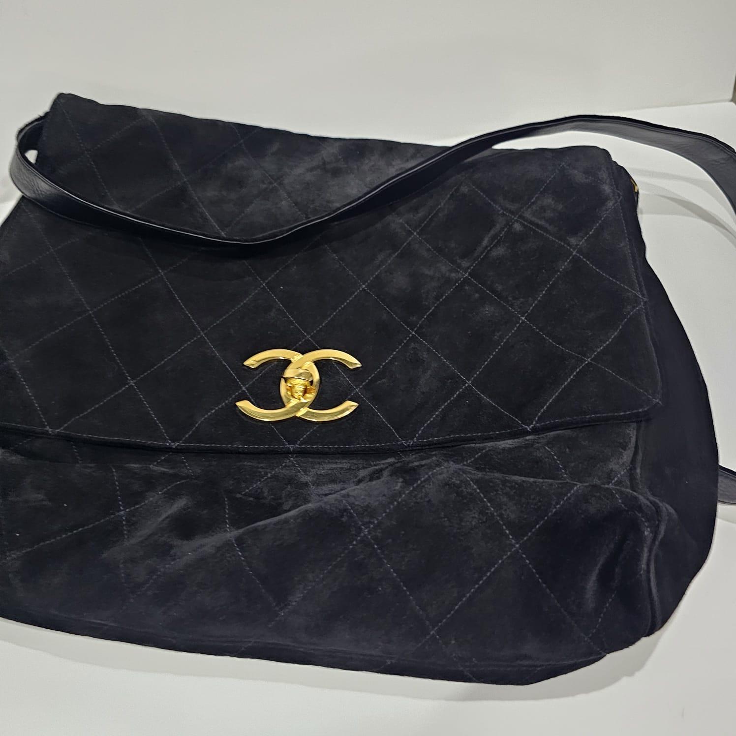 Vintage Chanel Large Black Suede Quilted Messenger Bag with Tassel Details 10