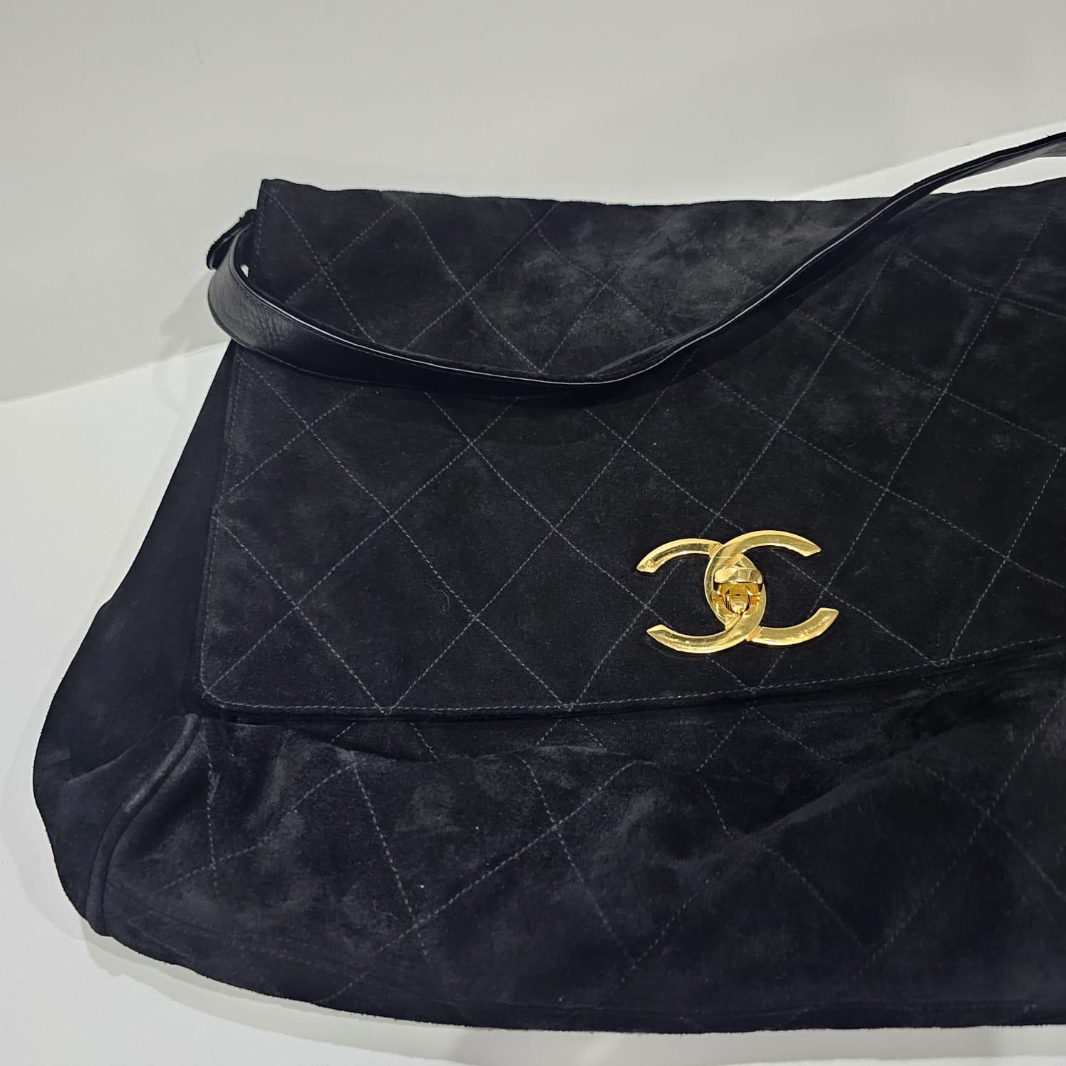 Vintage Chanel Large Black Suede Quilted Messenger Bag with Tassel Details 1