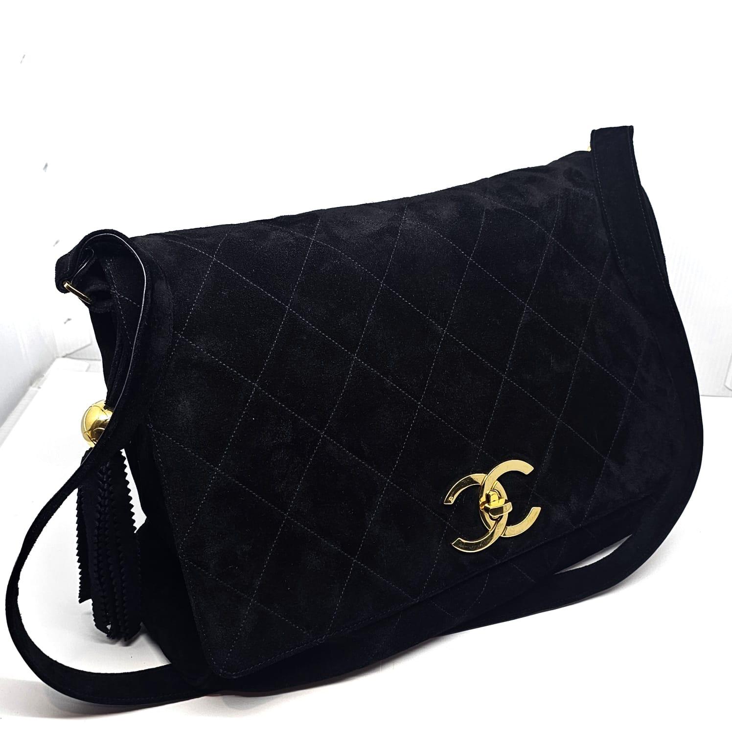 Vintage Chanel Large Black Suede Quilted Messenger Bag with Tassel Details 2