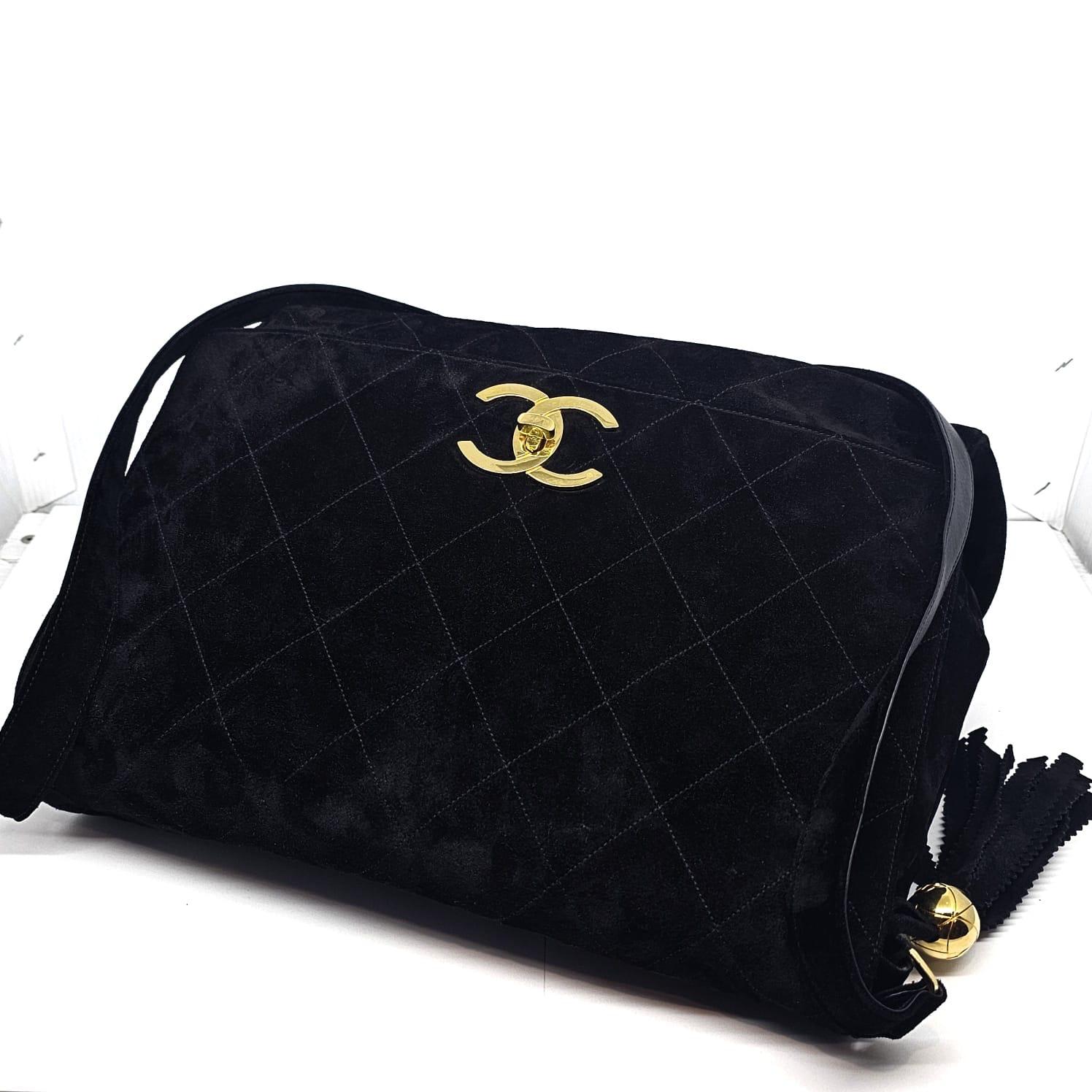 Vintage Chanel Large Black Suede Quilted Messenger Bag with Tassel Details 3