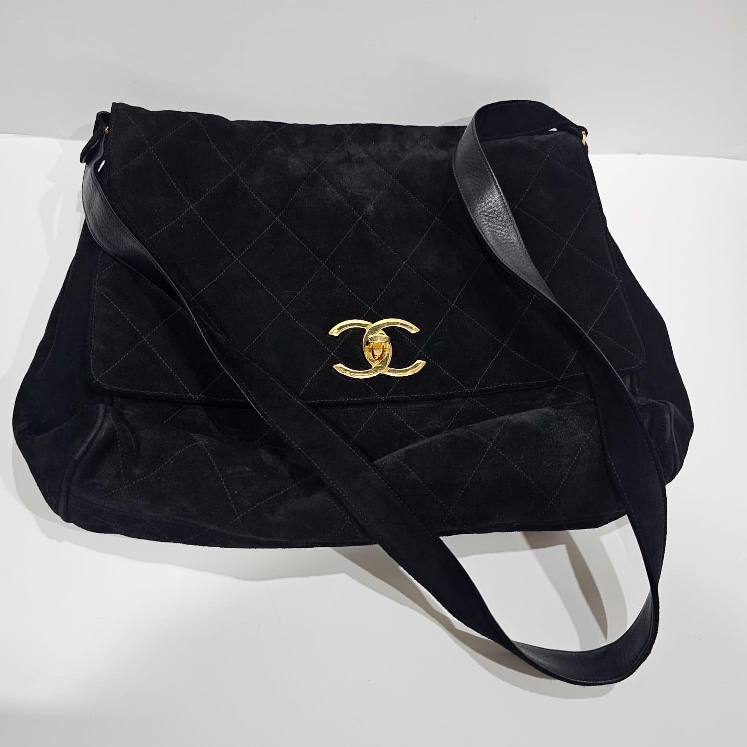 Vintage Chanel Large Black Suede Quilted Messenger Bag with Tassel Details 4