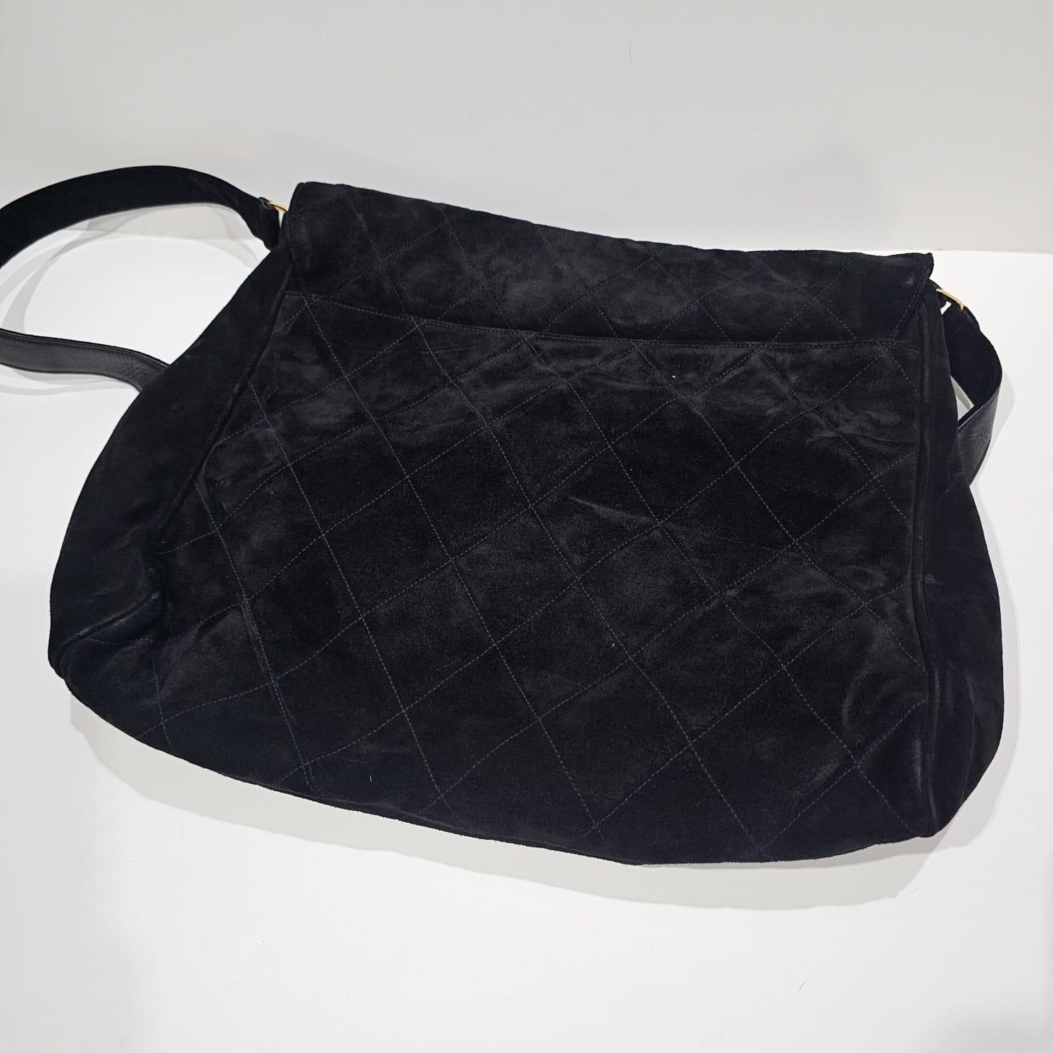 Vintage Chanel Large Black Suede Quilted Messenger Bag with Tassel Details 5