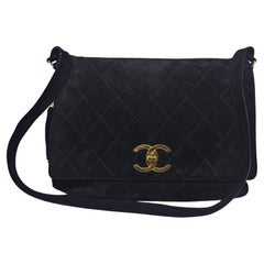 Vintage Chanel Large Black Suede Quilted Messenger Bag with Tassel Details