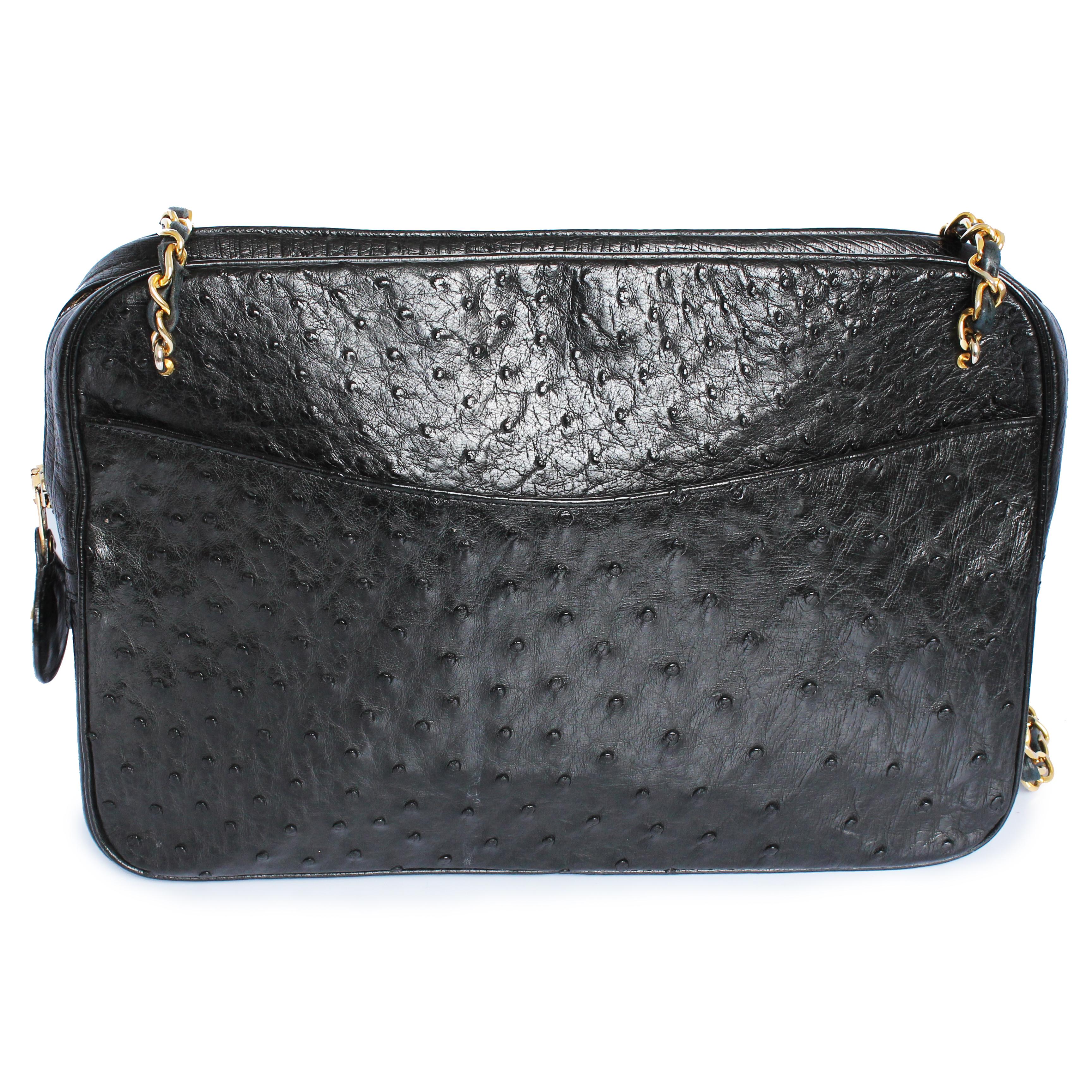 Vintage Chanel Large Camera Bag Black Exotic Ostrich Shoulder Bag  In Good Condition In Port Saint Lucie, FL