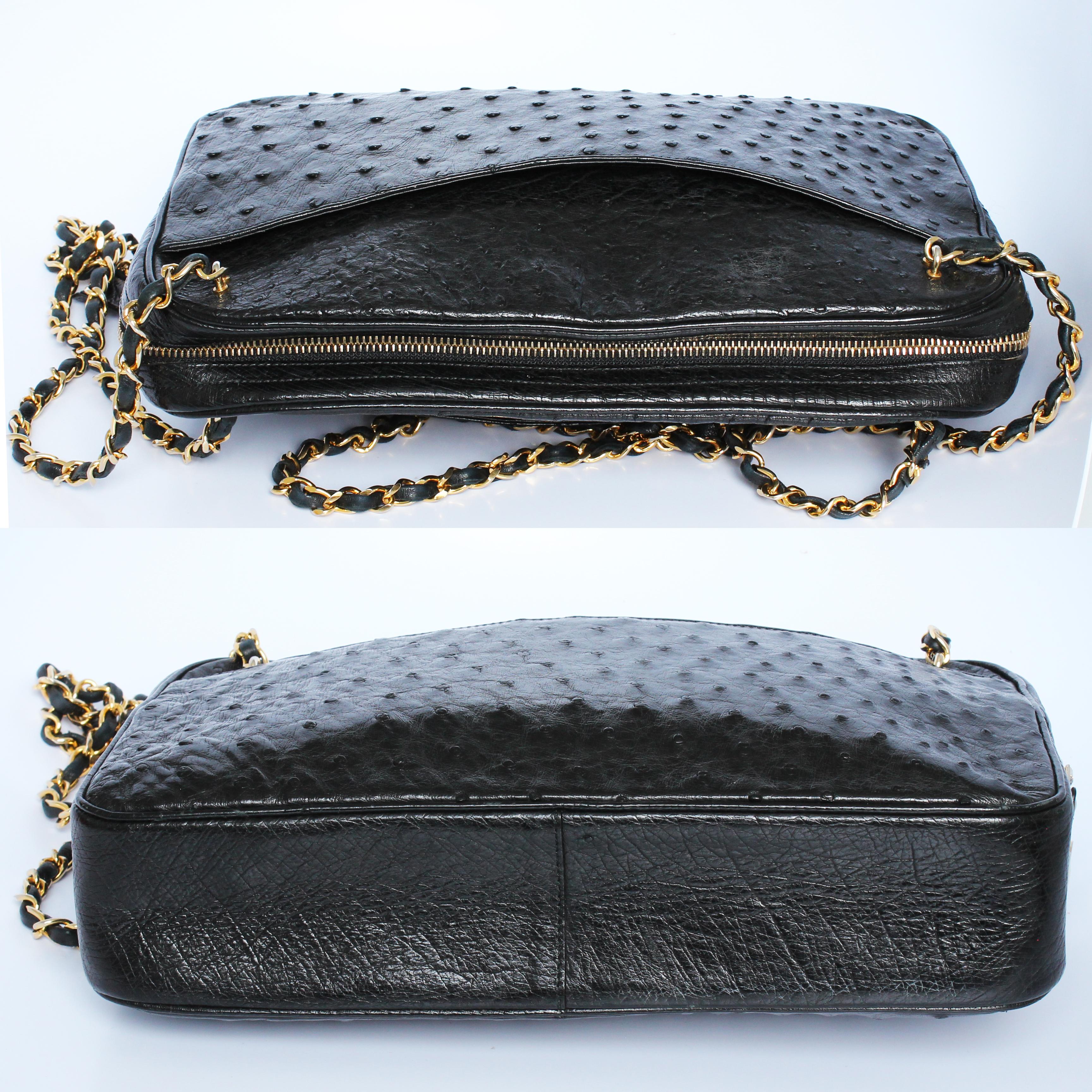 Women's or Men's Vintage Chanel Large Camera Bag Black Exotic Ostrich Shoulder Bag 