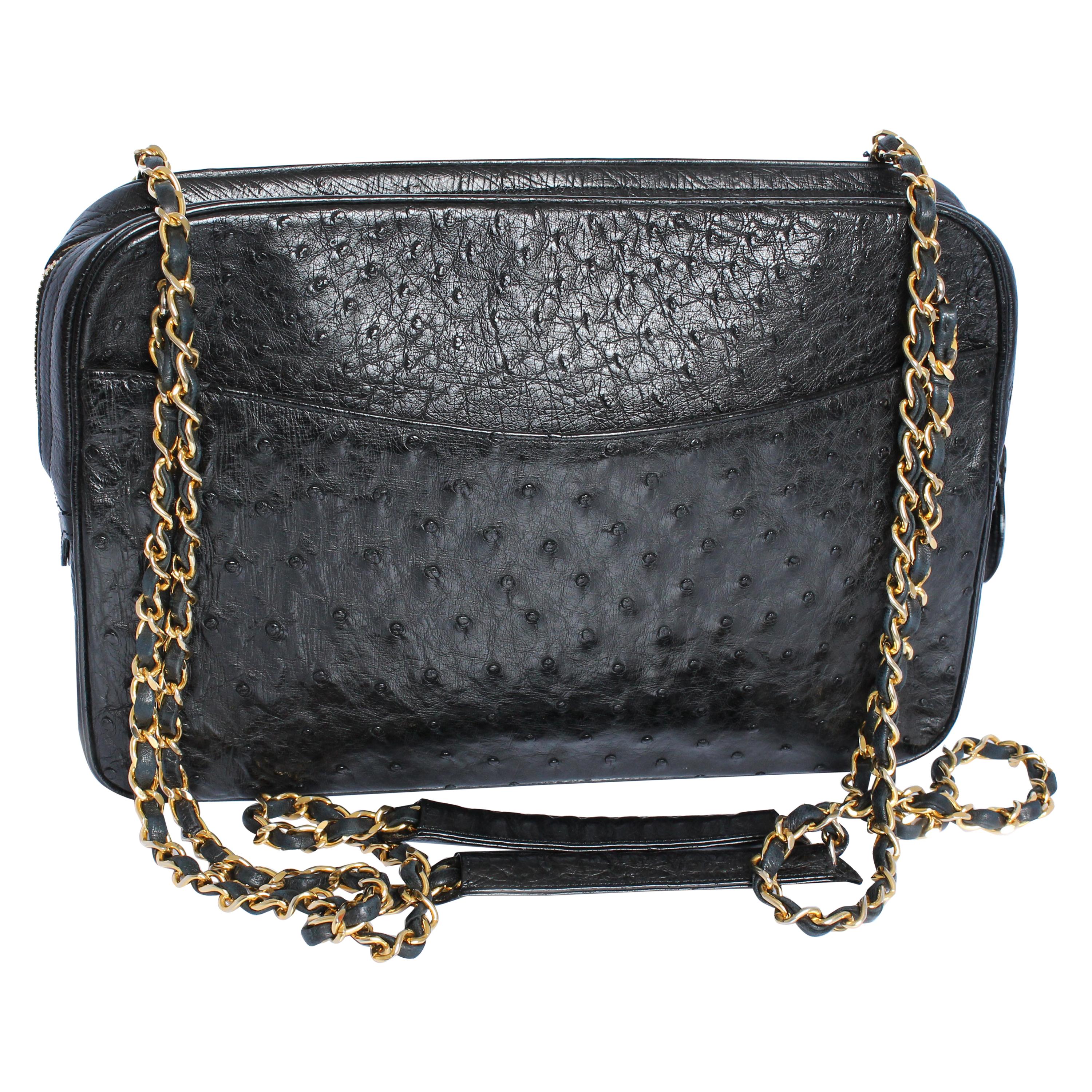 Vintage Chanel Large Camera Bag Black Exotic Ostrich Shoulder Bag at ...