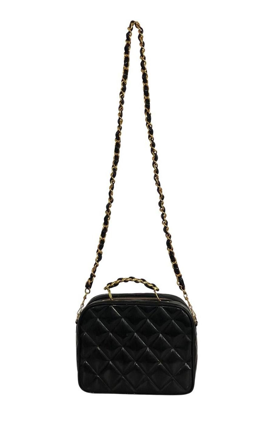 Black Vintage Chanel Limited Edition Crossbody bag in black Enamel leather For Sale
