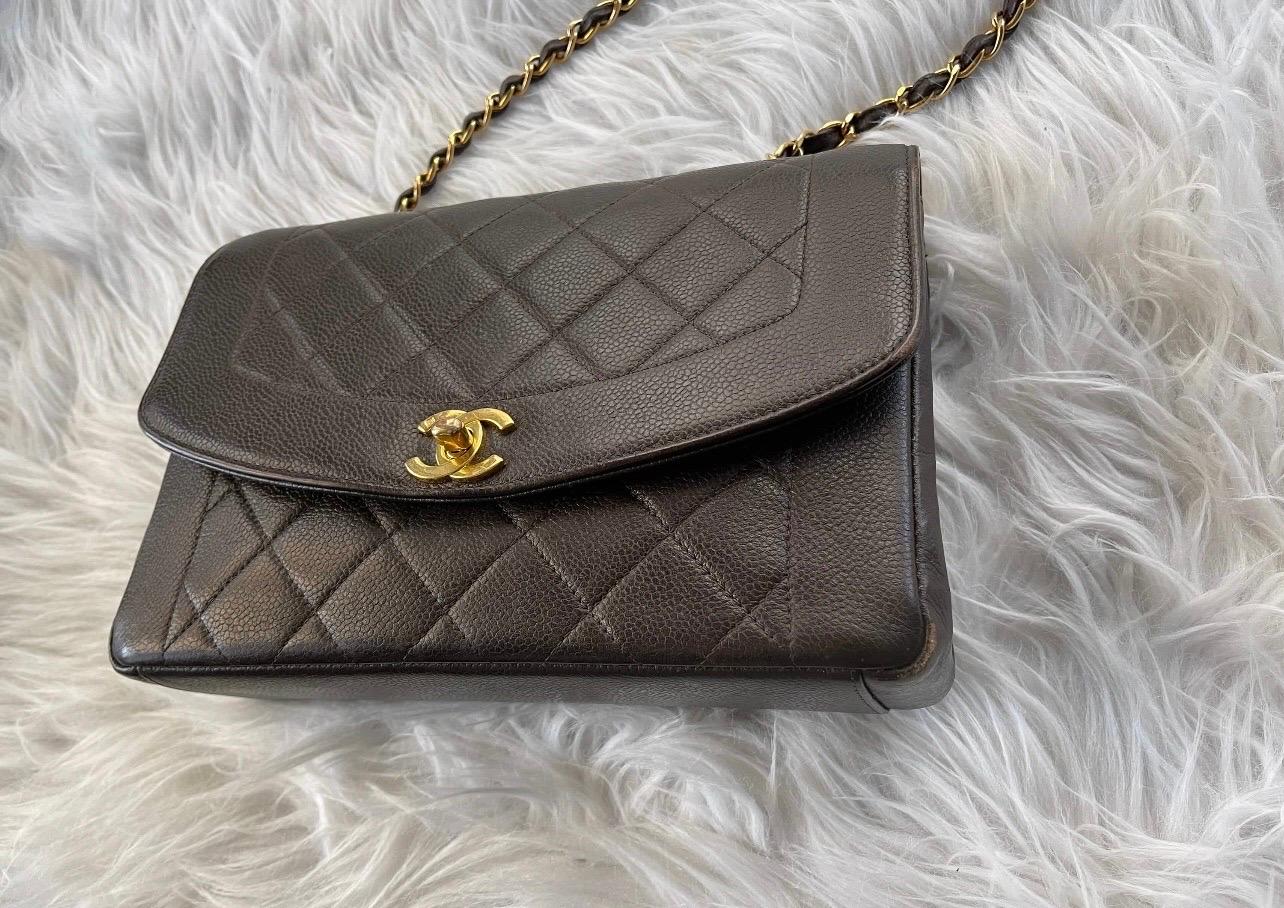 Vintage Chanel Brown Caviar Diana CC Turnlock Flap Bag Quilted Leather Matalesse 2