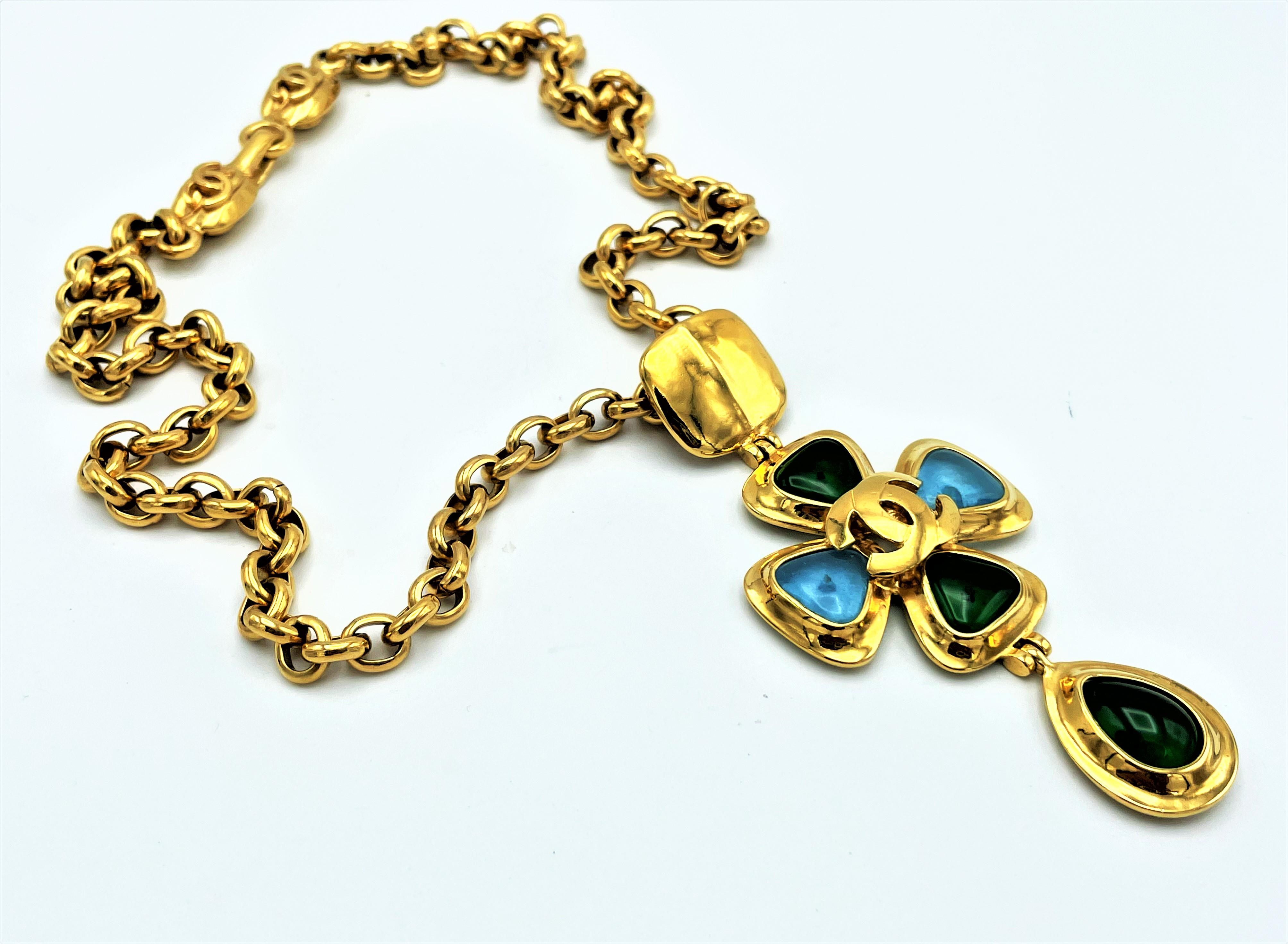 Vintage Chanel link chain with cross pendant filled with Gripoix glass, 1997  1