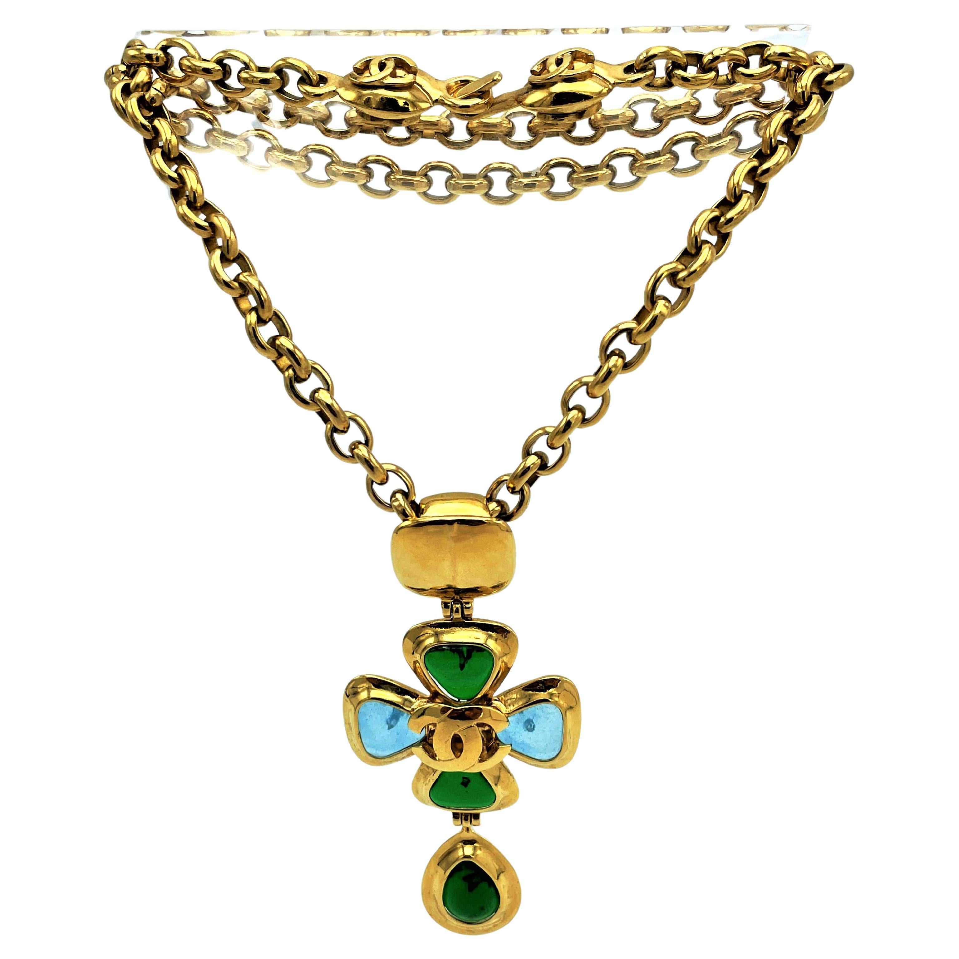 Vintage Chanel link chain with cross pendant filled with Gripoix glass, 1997 