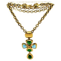 Vintage Chanel link chain with cross pendant filled with Gripoix glass, 1997