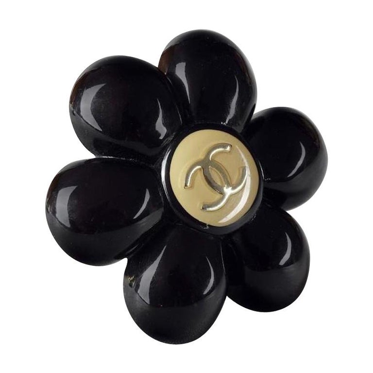 Vintage CHANEL Logo Black Camellia Resin Brooch