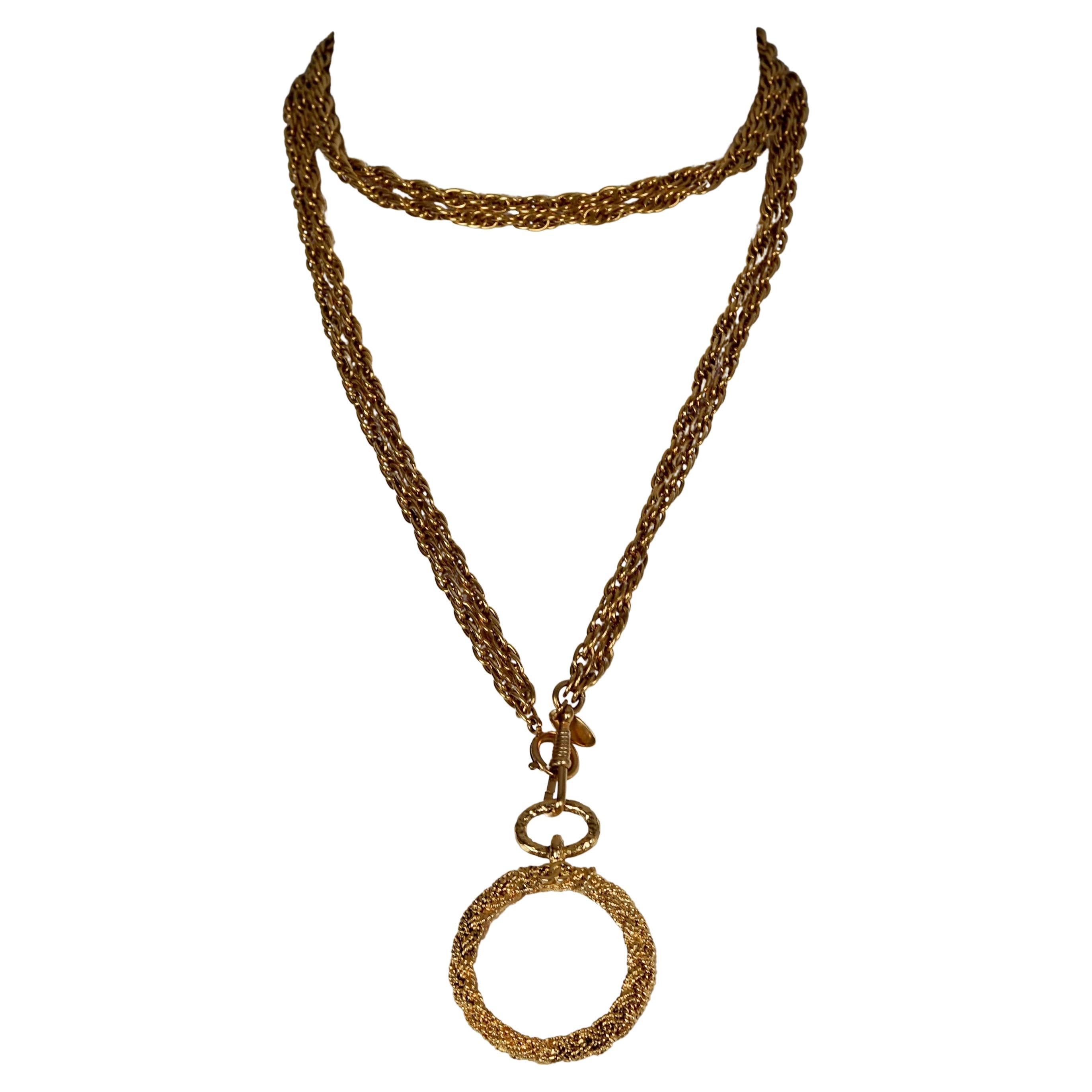 Vintage CHANEL Logo Braided Magnifying Glass Double Chain Necklace For Sale