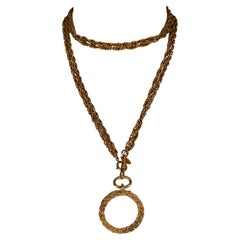 Vintage CHANEL Logo Braided Magnifying Glass Double Chain Necklace